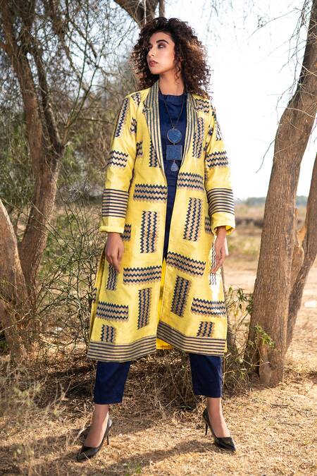 The Home Affair_Yellow Silk, Cotton Collared Hand Block Print Motif Long Jacket _Online_at_Aza_Fashions