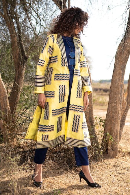 Buy_The Home Affair_Yellow Silk, Cotton Collared Hand Block Print Motif Long Jacket _Online_at_Aza_Fashions