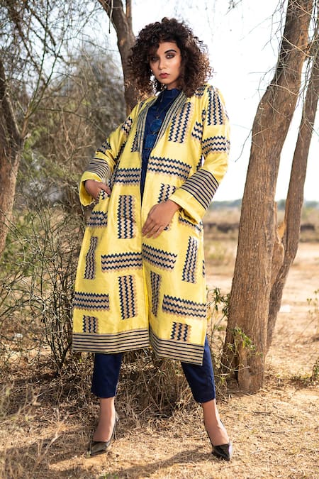Shop_The Home Affair_Yellow Silk, Cotton Collared Hand Block Print Motif Long Jacket _Online_at_Aza_Fashions
