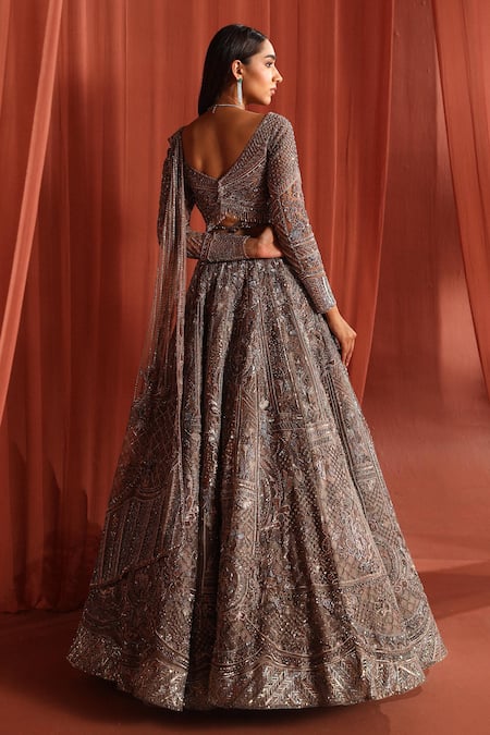 Shop Adaara Couture Grey Net, Silk Sequins, Stones, Floral Jaal Jewels Embroidered Lehenga Set at Aza Fashions Shop_Adaara Couture_Grey Net, Silk Sequins, Stones, Floral Jaal Jewels Embroidered Lehenga Set _at_Aza_Fashions