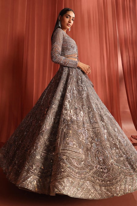 Adaara Couture Grey Net, Silk Sequins, Stones, Floral Jaal Jewels Embroidered Lehenga Set Online at Aza Fashions Adaara Couture_Grey Net, Silk Sequins, Stones, Floral Jaal Jewels Embroidered Lehenga Set _Online_at_Aza_Fashions