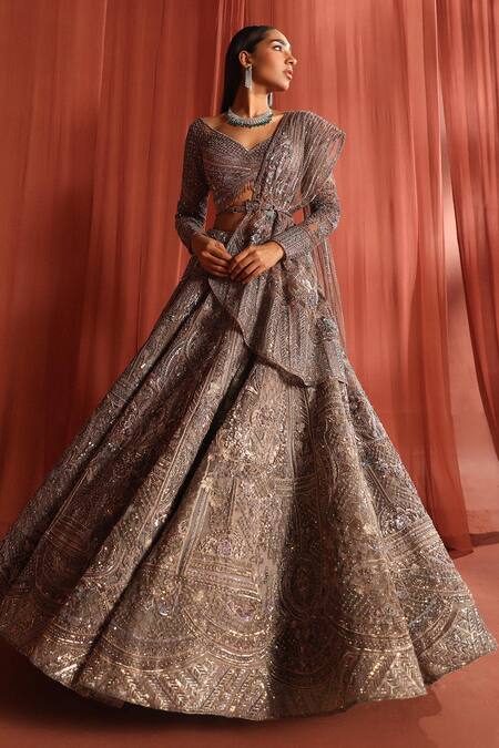 Buy Adaara Couture Grey Net, Silk Sequins, Stones, Floral Jaal Jewels Embroidered Lehenga Set Online at Aza Fashions Buy_Adaara Couture_Grey Net, Silk Sequins, Stones, Floral Jaal Jewels Embroidered Lehenga Set _Online_at_Aza_Fashions