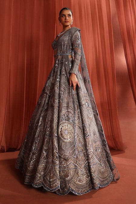 Shop_Adaara Couture_Grey Net, Silk Sequins, Stones, Tassels, Blooming Geometry Lehenga Set _at_Aza_Fashions