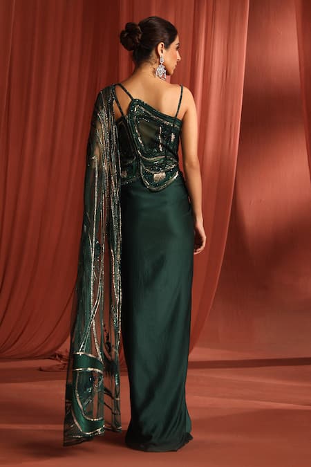 Adaara Couture Green Net, Silk Sequins, Floral Binding Embroidered Pre-draped Saree With Blouse Online at Aza Fashions Adaara Couture_Green Net, Silk Sequins, Floral Binding Embroidered Pre-draped Saree With Blouse _Online_at_Aza_Fashions