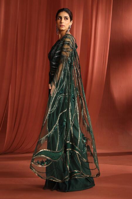 Buy Adaara Couture Green Net, Silk Sequins, Floral Binding Embroidered Pre-draped Saree With Blouse Online at Aza Fashions Buy_Adaara Couture_Green Net, Silk Sequins, Floral Binding Embroidered Pre-draped Saree With Blouse _Online_at_Aza_Fashions