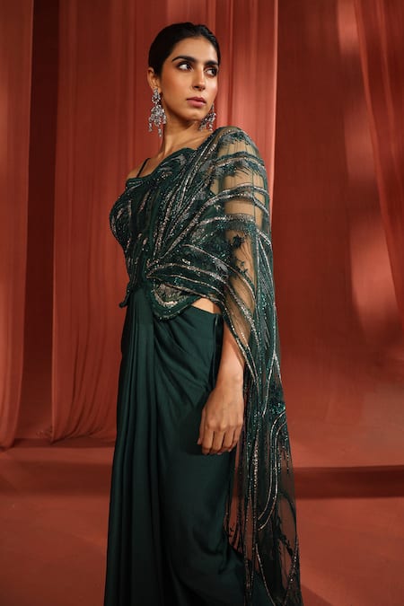 Adaara Couture Green Net, Silk Sequins, Floral Binding Embroidered Pre-draped Saree With Blouse at Aza Fashions Adaara Couture_Green Net, Silk Sequins, Floral Binding Embroidered Pre-draped Saree With Blouse _at_Aza_Fashions