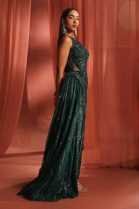 Buy Adaara Couture Green Organza, Net, Silk Sequins, Stones Floral Bloom Embroidered Cutout Gown Online at Aza Fashions Buy_Adaara Couture_Green Organza, Net, Silk Sequins, Stones Floral Bloom Embroidered Cutout Gown _Online_at_Aza_Fashions
