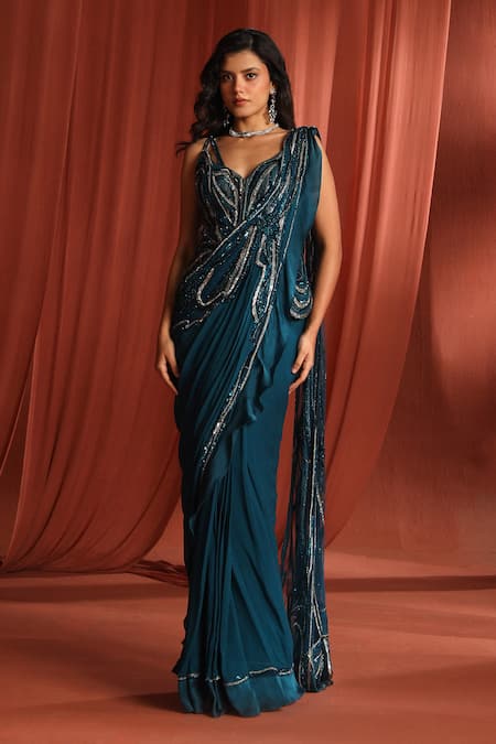 Adaara Couture Floral Bloom Embroidered Pre-Draped Saree With Blouse 