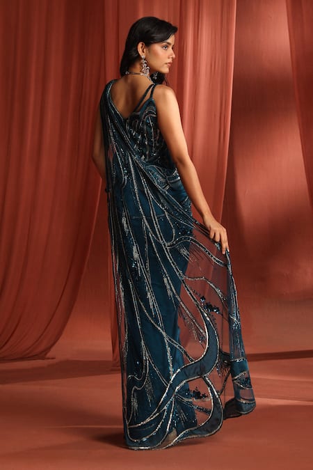 Shop_Adaara Couture_Blue Organza, Georgette, Floral Bloom Embroidered Pre-draped Saree With Blouse _at_Aza_Fashions