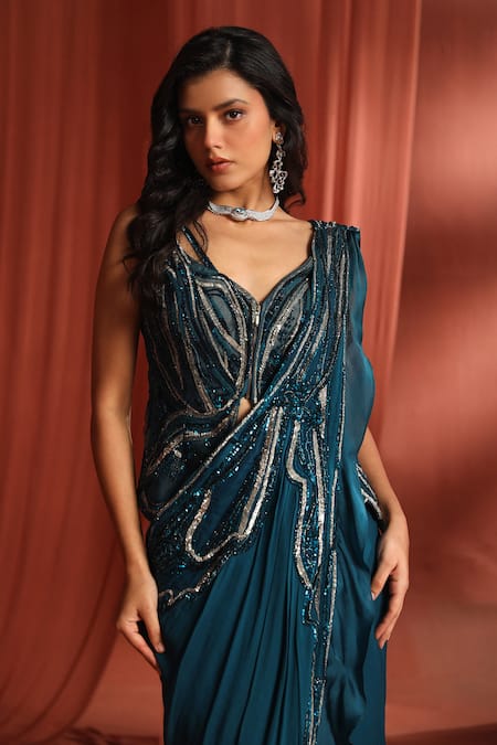 Shop_Adaara Couture_Blue Organza, Georgette, Floral Bloom Embroidered Pre-draped Saree With Blouse _Online_at_Aza_Fashions