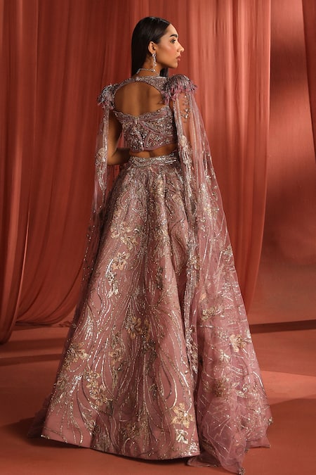 Shop Adaara Couture Pink Silk, Organza, Net Sequins, Rosy Petal Embroidered Lehenga With Corset at Aza Fashions Shop_Adaara Couture_Pink Silk, Organza, Net Sequins, Rosy Petal Embroidered Lehenga With Corset _at_Aza_Fashions