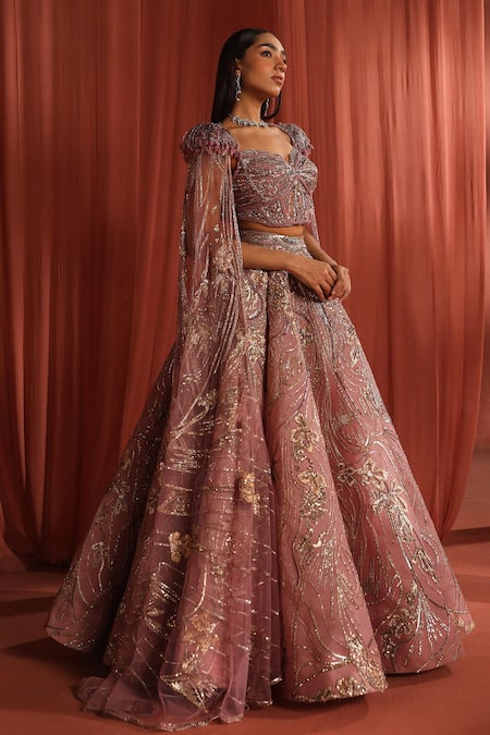 Buy Adaara Couture Pink Silk, Organza, Net Sequins, Rosy Petal Embroidered Lehenga With Corset Online at Aza Fashions Buy_Adaara Couture_Pink Silk, Organza, Net Sequins, Rosy Petal Embroidered Lehenga With Corset _Online_at_Aza_Fashions