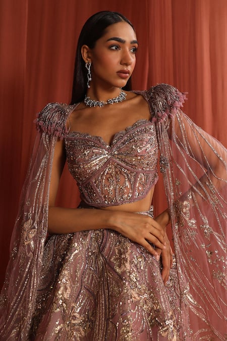 Shop Adaara Couture Pink Silk, Organza, Net Sequins, Rosy Petal Embroidered Lehenga With Corset Online at Aza Fashions Shop_Adaara Couture_Pink Silk, Organza, Net Sequins, Rosy Petal Embroidered Lehenga With Corset _Online_at_Aza_Fashions