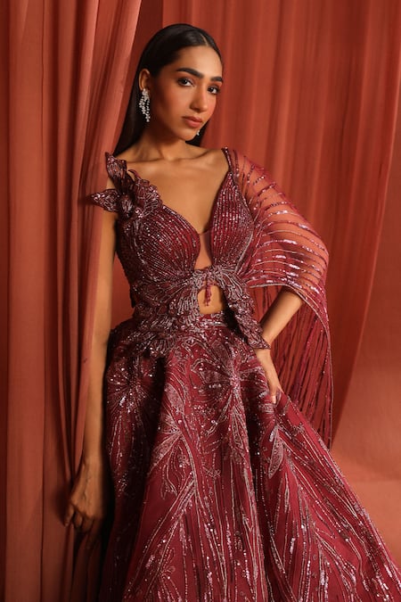 Shop_Adaara Couture_Maroon Organza, Net, Silk Sequins, Petal Wings Embroidered Lehenga With Blouse _Online_at_Aza_Fashions