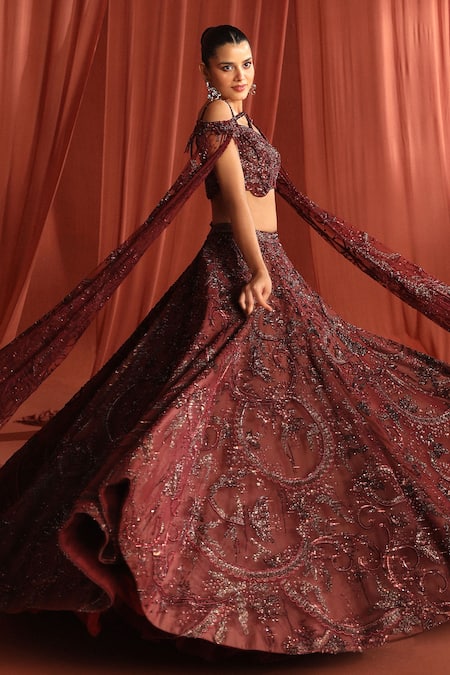 Buy_Adaara Couture_Maroon Organza, Net, Silk Butterfly Dream Embroidered Lehenga With Blouse _Online_at_Aza_Fashions
