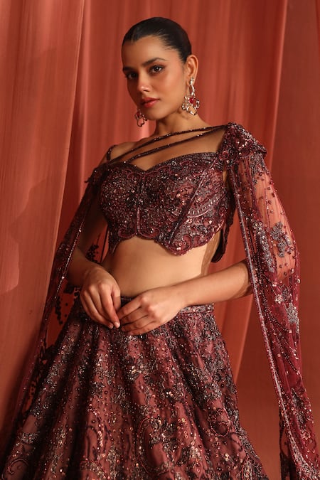 Shop_Adaara Couture_Maroon Organza, Net, Silk Butterfly Dream Embroidered Lehenga With Blouse _Online_at_Aza_Fashions