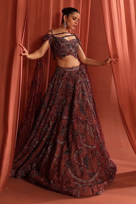 Adaara Couture_Maroon Organza, Net, Silk Butterfly Dream Embroidered Lehenga With Blouse _at_Aza_Fashions