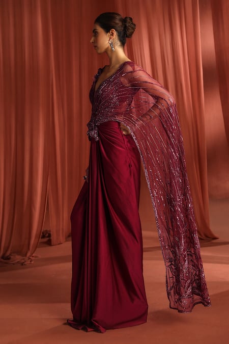 Shop Adaara Couture Maroon Net, Silk Sequins, Stones, Embroidery Petal Wings Gown Style Saree Online at Aza Fashions Shop_Adaara Couture_Maroon Net, Silk Sequins, Stones, Embroidery Petal Wings Gown Style Saree _Online_at_Aza_Fashions