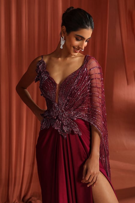 Adaara Couture Maroon Net, Silk Sequins, Stones, Embroidery Petal Wings Gown Style Saree at Aza Fashions Adaara Couture_Maroon Net, Silk Sequins, Stones, Embroidery Petal Wings Gown Style Saree _at_Aza_Fashions