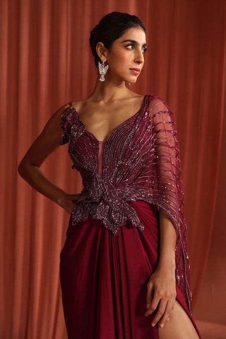 Buy Adaara Couture Maroon Net, Silk Sequins, Stones, Embroidery Petal Wings Gown Style Saree Buy_Adaara Couture_Maroon Net, Silk Sequins, Stones, Embroidery Petal Wings Gown Style Saree