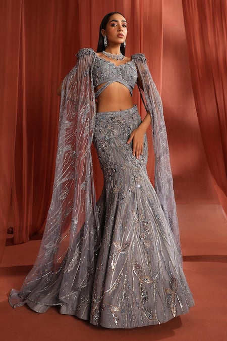 Adaara Couture_Grey Net, Silk Sequins Floral Dream Embroidered Fishcut Lehenga With Blouse _Online_at_Aza_Fashions