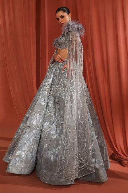 Adaara Couture_Grey Organza, Net, Silk Feathers, Sequins, Stones, Crystal Lehenga With Blouse _Online_at_Aza_Fashions