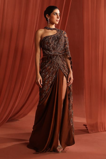 Adaara Couture_Brown Net, Silk Mystic Geometric Embroidered Saree Gown _Online_at_Aza_Fashions
