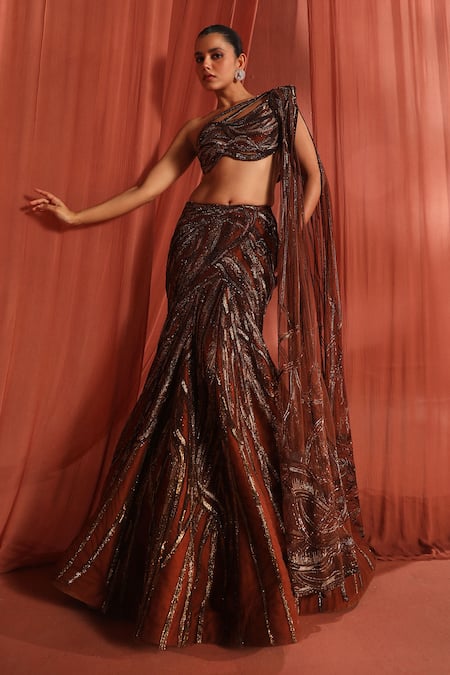 Buy Adaara Couture Brown Net, Silk Sequins, Stones Mystic Geometric Embroidered Lehenga With Blouse Online at Aza Fashions Buy_Adaara Couture_Brown Net, Silk Sequins, Stones Mystic Geometric Embroidered Lehenga With Blouse _Online_at_Aza_Fashions