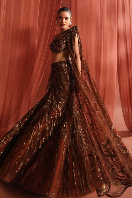 Shop Adaara Couture Brown Net, Silk Sequins, Stones Mystic Geometric Embroidered Lehenga With Blouse Online at Aza Fashions Shop_Adaara Couture_Brown Net, Silk Sequins, Stones Mystic Geometric Embroidered Lehenga With Blouse _Online_at_Aza_Fashions