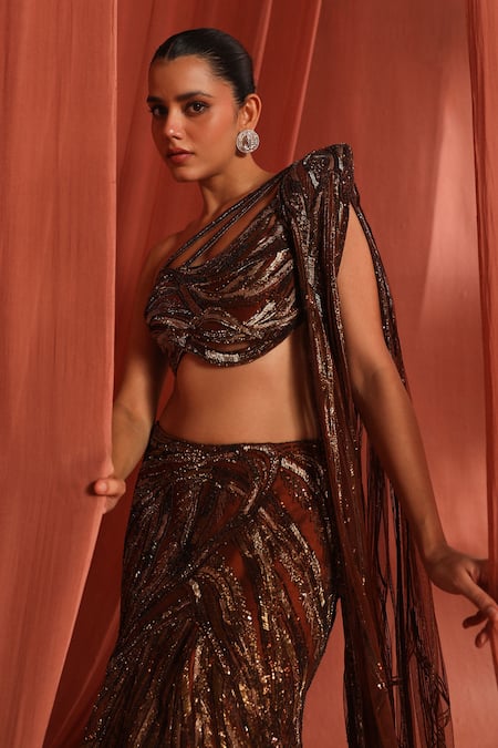 Buy Adaara Couture Brown Net, Silk Sequins, Stones Mystic Geometric Embroidered Lehenga With Blouse Buy_Adaara Couture_Brown Net, Silk Sequins, Stones Mystic Geometric Embroidered Lehenga With Blouse