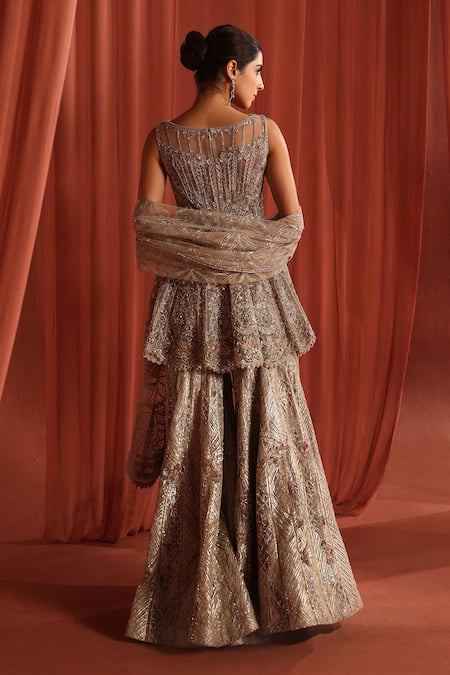 Adaara Couture Flair Bloom Embroidered Peplum Kurta & Sharara Set 