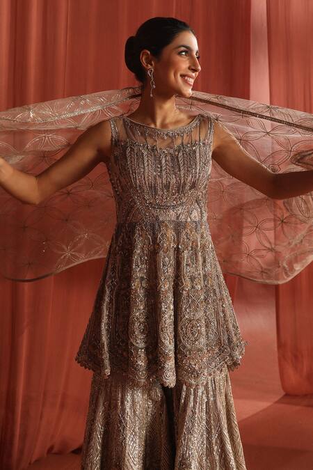 Adaara Couture_Silver Net, Silk, Denim Sequins, Stones, Flair Bloom Peplum Kurta And Sharara Set _Online_at_Aza_Fashions