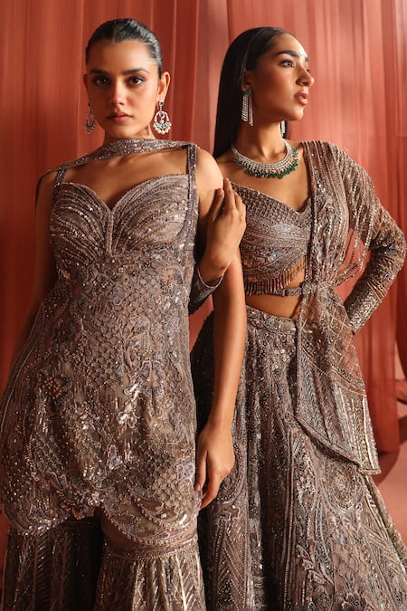Adaara Couture_Grey Net, Silk Sequins, Stones, Jaal Jewels Short Kurta And Sharara Set _at_Aza_Fashions