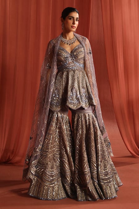 Adaara Couture_Grey Net, Silk Sequins, Blooming Geometry Embroidered Kurta And Sharara Set _Online_at_Aza_Fashions