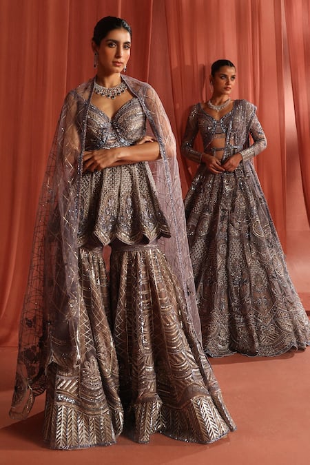 Shop_Adaara Couture_Grey Net, Silk Sequins, Blooming Geometry Embroidered Kurta And Sharara Set _Online_at_Aza_Fashions