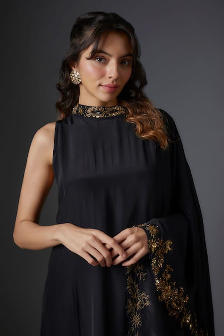 Buy_Studio A_Black Crepe Cutdana Bloom Embroidered Asymmetric Cape With Pant _Online_at_Aza_Fashions