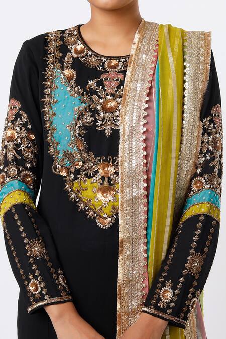 Buy_Studio A_Black Georgette Sequins Round Neck Blossom Embroidered Kurta Pant Set _Online_at_Aza_Fashions