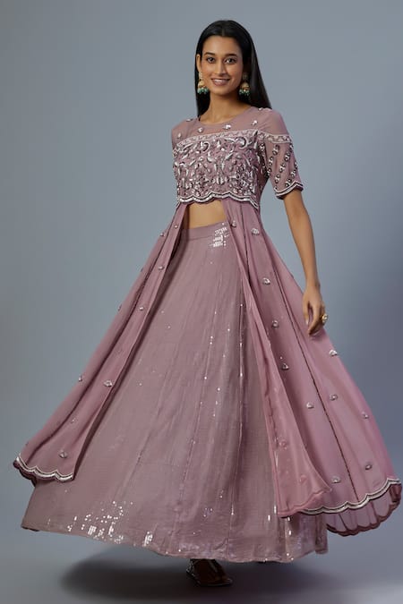 STUDIO A Sequin Bloom Embellished Front Open Slit Anarkali With Lehenga For Kids