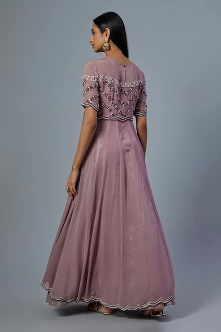 Shop Studio A Purple Organza Sequins Bloom Embellished Front Open Slit Anarkali With Lehenga at Aza Fashions Shop_Studio A_Purple Organza Sequins Bloom Embellished Front Open Slit Anarkali With Lehenga _at_Aza_Fashions