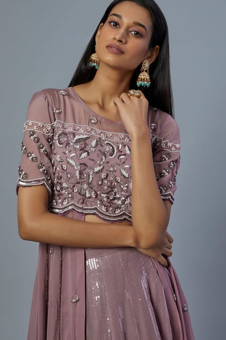 Buy Studio A Purple Organza Sequins Bloom Embellished Front Open Slit Anarkali With Lehenga Online at Aza Fashions Buy_Studio A_Purple Organza Sequins Bloom Embellished Front Open Slit Anarkali With Lehenga _Online_at_Aza_Fashions