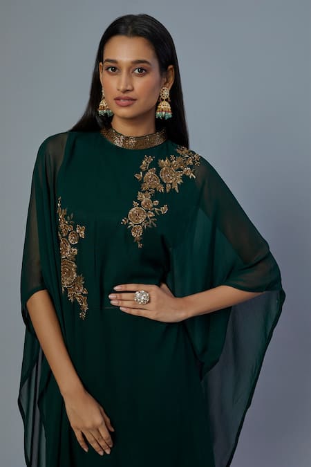 Buy_Studio A_Green Georgette Embroidery Collared Nalki Flora Kaftan And Pant Set _Online_at_Aza_Fashions