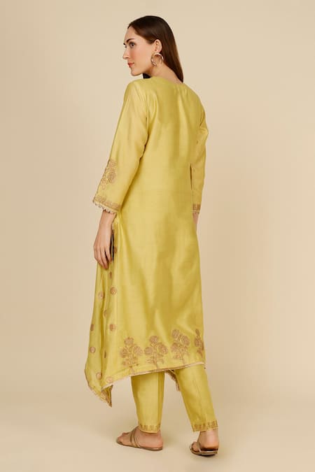 Shop Studio A Yellow Chanderi, Kota Doria Embroidery Round Neck Flora Vine Kurta Pant Set at Aza Fashions Shop_Studio A_Yellow Chanderi, Kota Doria Embroidery Round Neck Flora Vine Kurta Pant Set _at_Aza_Fashions