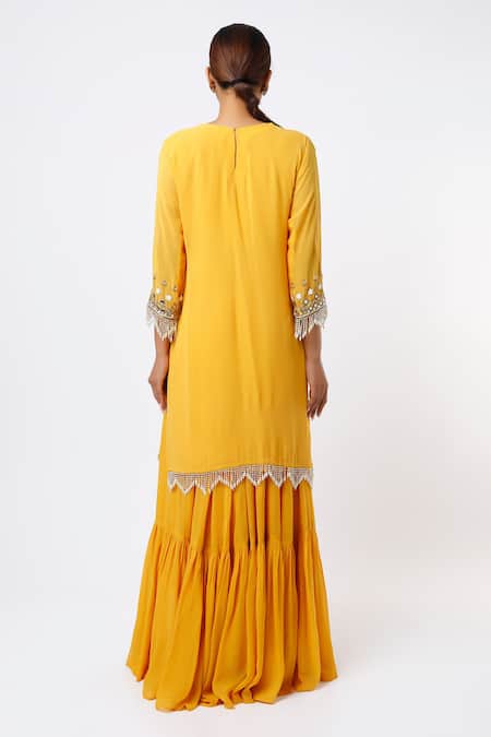 Shop Studio A Yellow Organza, Georgette Gota And Fleur Vine Embroidered Kurta & Lehenga Set at Aza Fashions Shop_Studio A_Yellow Organza, Georgette Gota And Fleur Vine Embroidered Kurta & Lehenga Set _at_Aza_Fashions