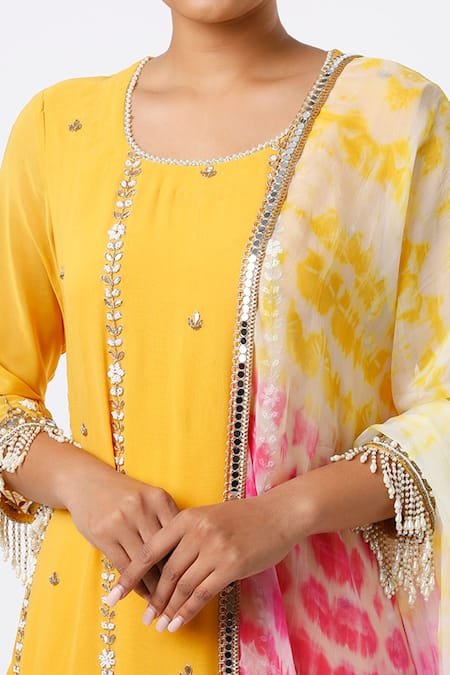 Buy Studio A Yellow Organza, Georgette Gota And Fleur Vine Embroidered Kurta & Lehenga Set Online at Aza Fashions Buy_Studio A_Yellow Organza, Georgette Gota And Fleur Vine Embroidered Kurta & Lehenga Set _Online_at_Aza_Fashions