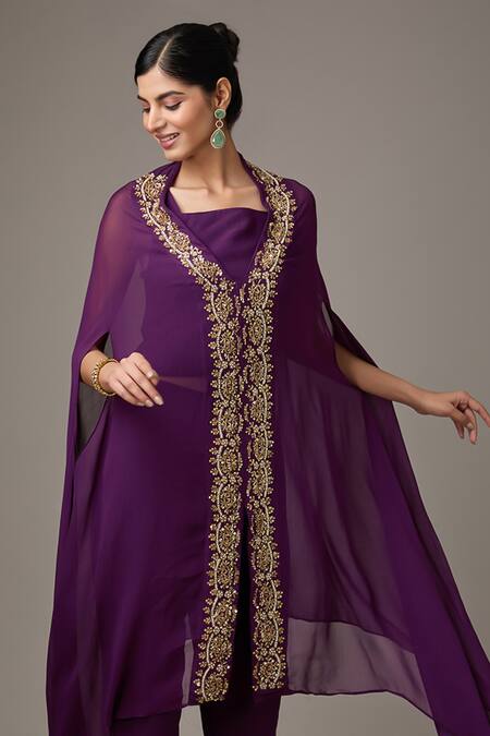 Studio A_Purple Georgette Embroidery Square Neck Floral Vine Cape And Pant Set _Online_at_Aza_Fashions