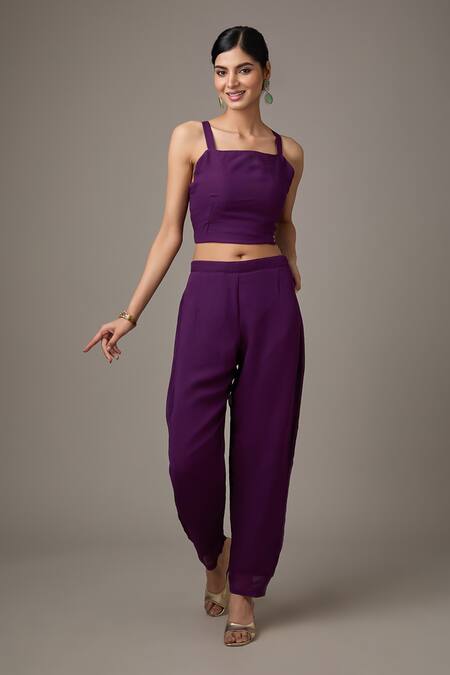 Buy_Studio A_Purple Georgette Embroidery Square Neck Floral Vine Cape And Pant Set _Online_at_Aza_Fashions