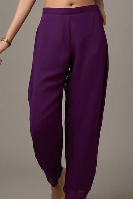 Shop_Studio A_Purple Georgette Embroidery Square Neck Floral Vine Cape And Pant Set _Online_at_Aza_Fashions