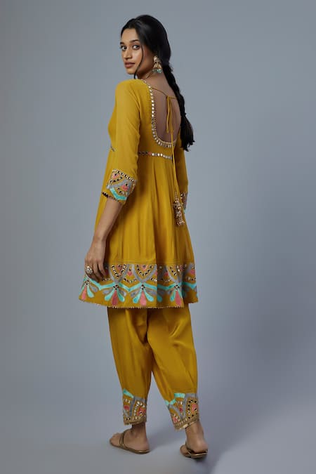 Shop Studio A Yellow Silk, Georgette, Lurex Embroidery Mirror Aliya Cut Kurta And Salwar Set at Aza Fashions Shop_Studio A_Yellow Silk, Georgette, Lurex Embroidery Mirror Aliya Cut Kurta And Salwar Set _at_Aza_Fashions