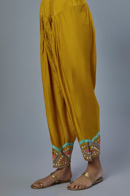 Studio A Yellow Silk, Georgette, Lurex Embroidery Mirror Aliya Cut Kurta And Salwar Set Online at Aza Fashions Studio A_Yellow Silk, Georgette, Lurex Embroidery Mirror Aliya Cut Kurta And Salwar Set _Online_at_Aza_Fashions