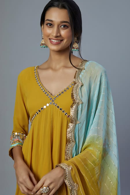 Buy Studio A Yellow Silk, Georgette, Lurex Embroidery Mirror Aliya Cut Kurta And Salwar Set Online at Aza Fashions Buy_Studio A_Yellow Silk, Georgette, Lurex Embroidery Mirror Aliya Cut Kurta And Salwar Set _Online_at_Aza_Fashions